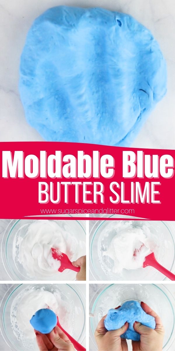 How to Make Blue Butter Slime, a moldable, squishy, stretchy fluffy slime without the mess! This play dough slime hybrid is not drippy like normal slimes and only requires a few tablespoons of each common ingredient