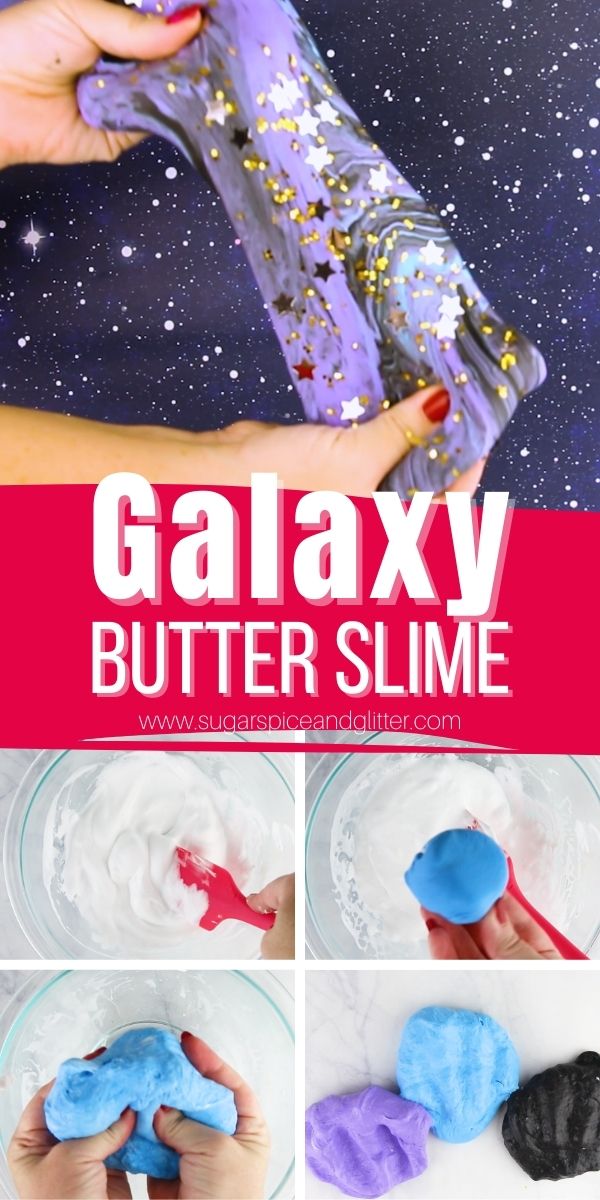 How to make Galaxy butter slime, a stretchy, squishy and moldable slime that isn't as drippy or messy as normal fluffy slimes.