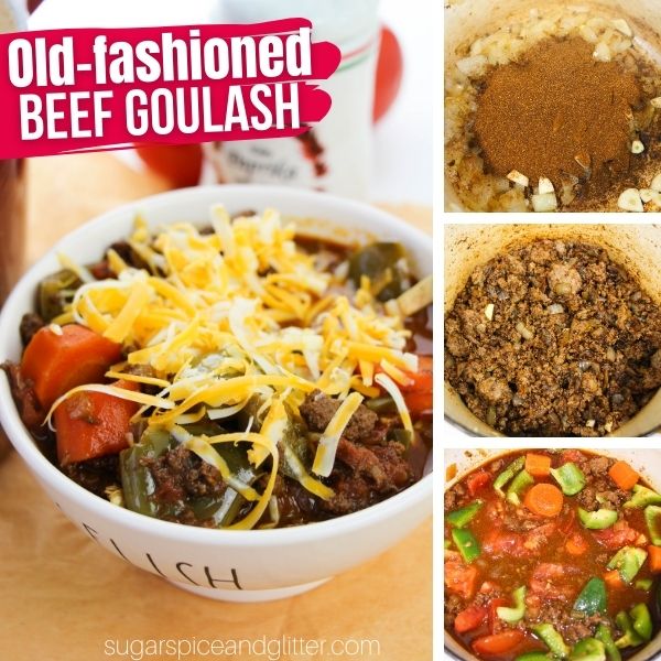 composite image of a white bowl of goulash along with three in-process images of how to make it