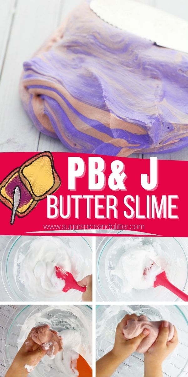 This smooth and buttery Peanut Butter and Jelly butter slime is stretchy, squishy and moldable - while not being drippy and messy like other fluffy slime recipes. Super easy for kids to make and only requires a few tablespoons of each ingredient