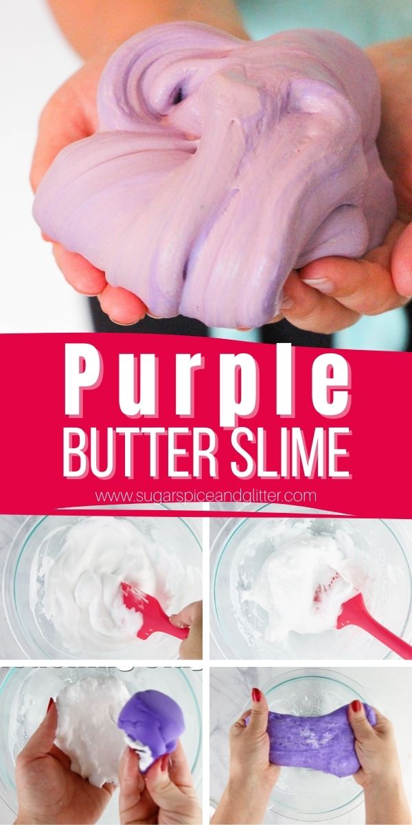 How to make purple butter slime, a squishy, stretchy and moldable slime without the messy drips normal fluffy slimes have. This easy butter slime is super simple to make with just a few tablespoons of each ingredient