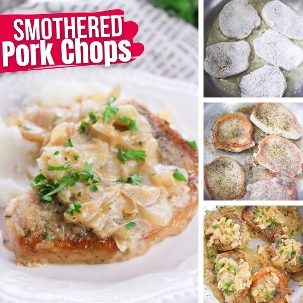 composite image of golden pork chop smothered with onion gravy on a white plate along with three in-process images of how to make smothered pork chops