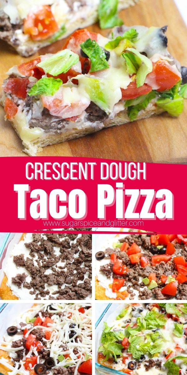 A fun twist on a classic homemade Pizza, this Crescent Dough Taco Pizza features a buttery crescent dough base, cream cheese-based sauce and plenty of your favorite taco toppings.