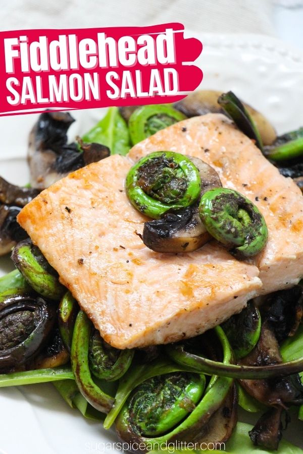 A fresh salad idea for Spring, this Fiddlehead Salmon Salad features lightly pan-toasted fiddleheads, mushrooms and baked salmon over a bed of spinach. Top with your favorite dressing for a light Spring supper or satisfying lunch
