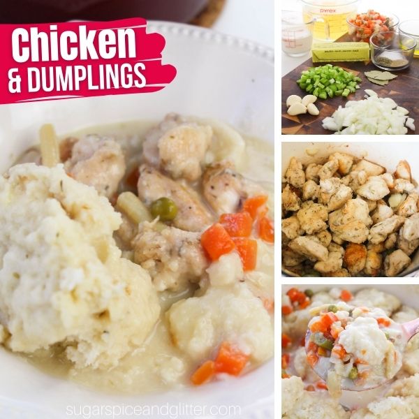 composite image of a white bowl full of chicken and dumpling stew, along with an image showing the ingredients needed to make it and two in-process images for how to make it