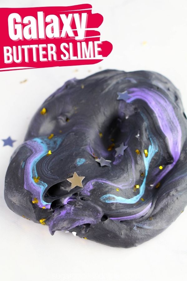 Squishy, stretchy and moldable galaxy butter slime that kids will love. A fun hybrid between play dough and fluffy slime that won't make a mess