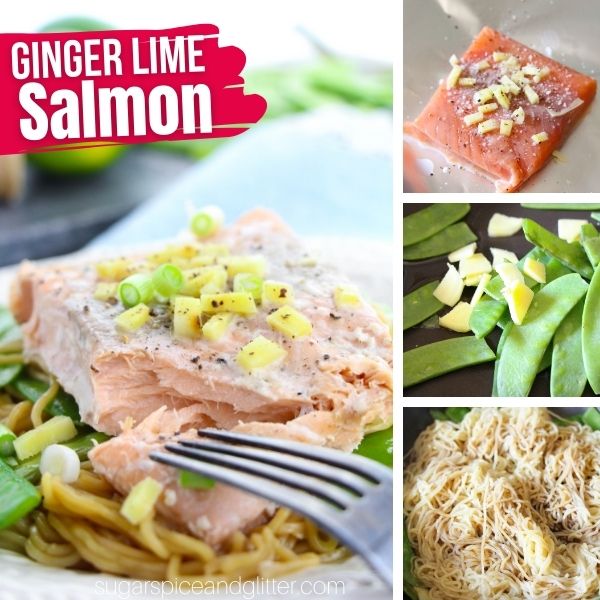 composite image of close-up picture of ginger lime salmon on top of a plate of noodles with a fork tearing off a bite-sized piece and three in-process images of making the salmon recipe