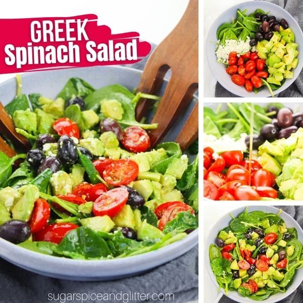 composite image of a large blue bowl full of Greek spinach salad on a gray napkin with wooden salad hands digging into the salad, along with three in-process images of how to make the salad