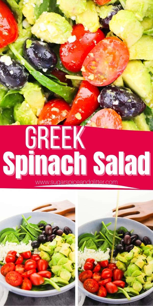 A delicious and filling take on a classic Greek Salad, this Greek Spinach Salad incorporates spinach and avocado along with traditional Greek salad ingredients for a meal-sized version of this comforting classic.
