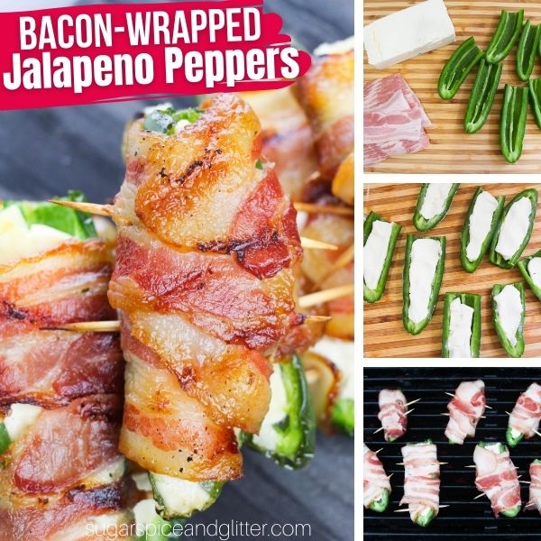 composite image of a close-up of bacon-wrapped jalapeno poppers along with three images showing how to make the recipe