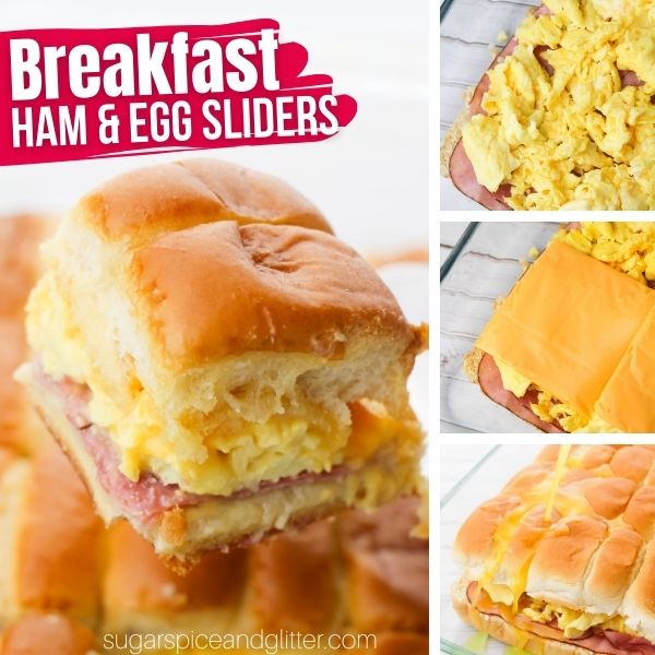 composite image of a breakfast slider being held up by a spatula alongside three in-process images of how to make breakfast sliders