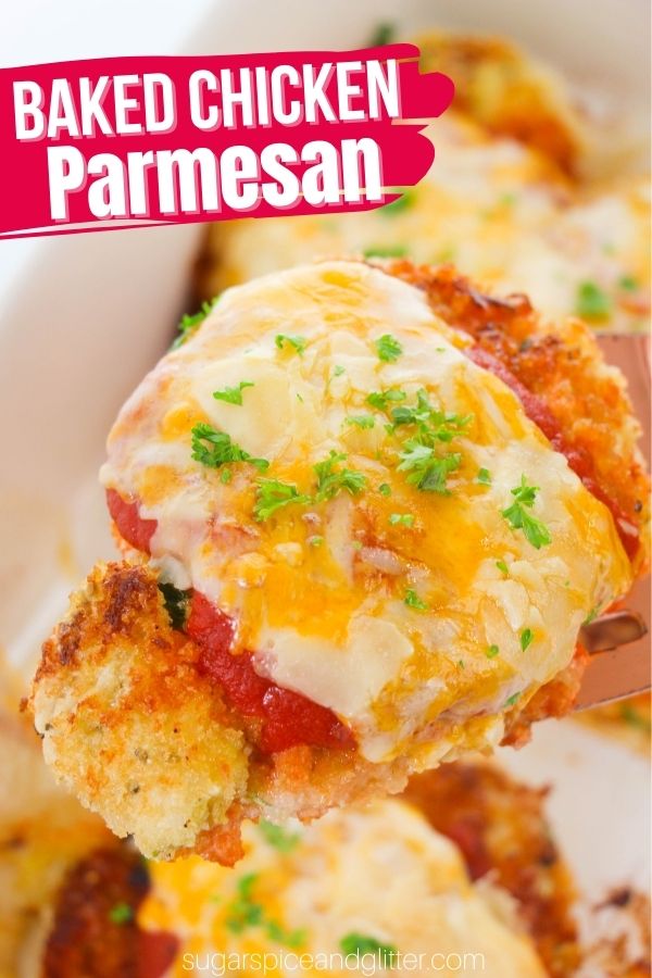 Baked Chicken Parmesan features a melted cheesy topping, garlicky, earthy herby flavors and the crunch of the bread coating against the fork-tender marinated chicken, chicken parmesan is an utterly satisfying comfort food that is perfect year-round.