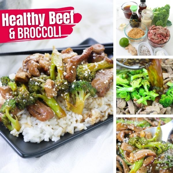 composite image of beef and broccoli stir fry on a square, black plate along with an image showing the ingredients and two in-process images of how to make the stir fry