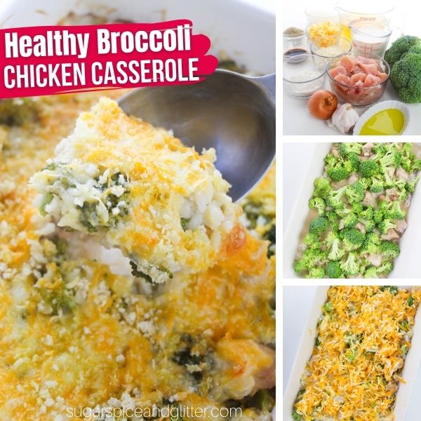 composite image showing a serving spoon of broccoli chicken casserole plus an image of the ingredients needed to make it and two images showing the process of making it