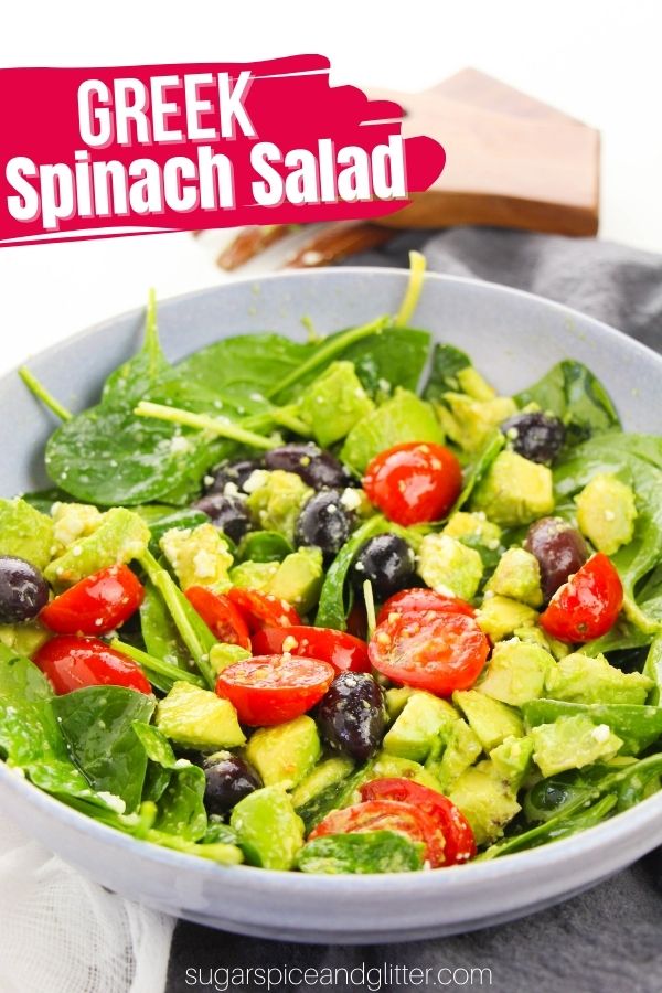 This Greek Spinach Salad is fresh, filling, creamy (thanks to the avocados) and has a satisfying hit of saltiness from the olives and feta and an earthy-acidic depth of flavor from the homemade dressing.