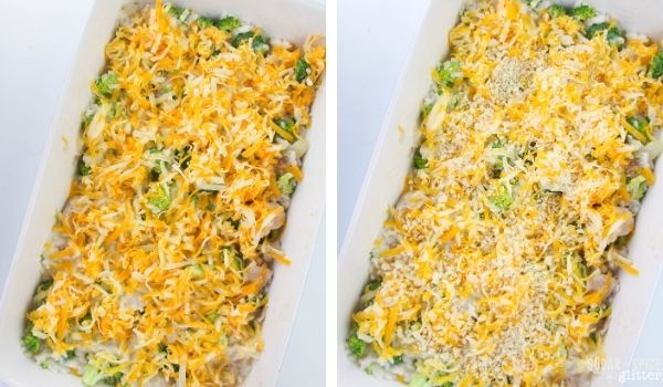 in-process images of how to make broccoli chicken casserole