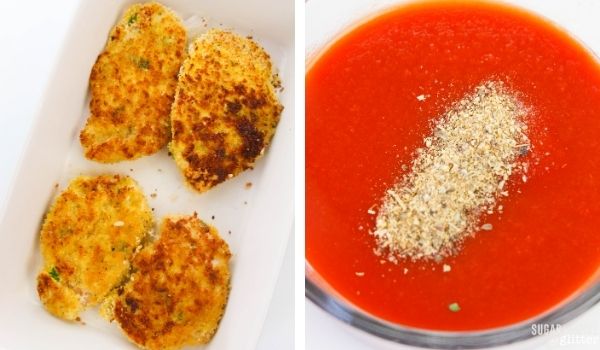 in-process images of how to make chicken parmesan