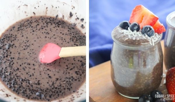 in-process images of how to make chocolate chia seed pudding