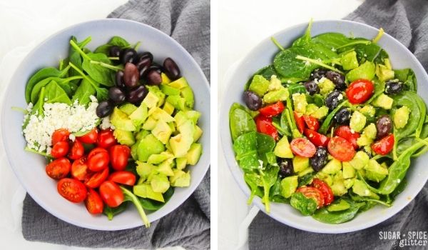 in-process images of how to make Greek spinach salad