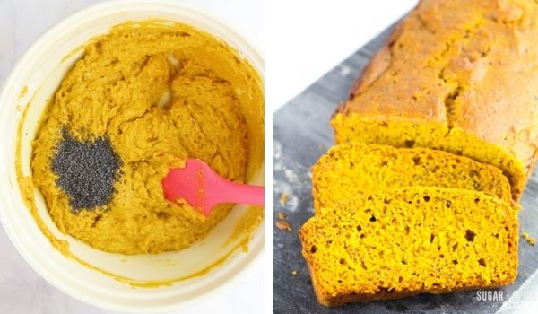 in-process images of how to make mango poppy seed bread