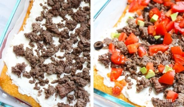 in-process images of how to make taco crescent dough pizza