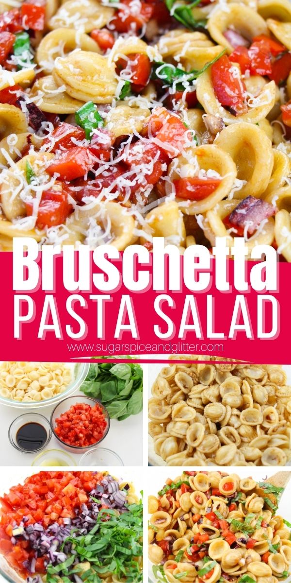 How to make the best ever Bruschetta Pasta Salad, a fresh summer pasta salad with all of the amazing flavor of your favorite restaurant bruschetta. This 10-minute pasta salad can be enjoyed hot or cold and makes a great addition to your summer BBQs