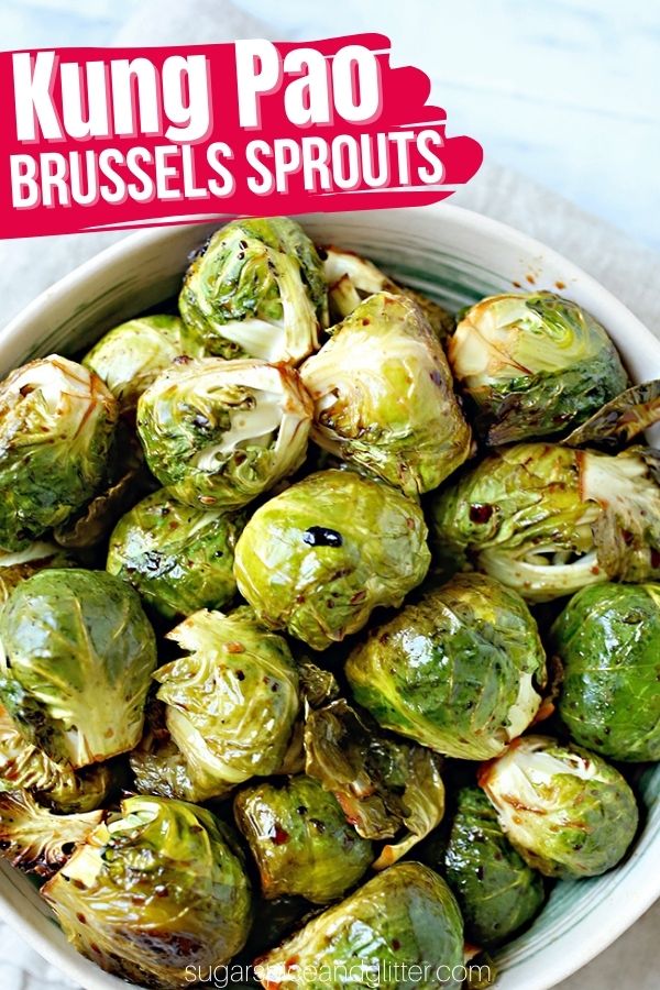 Kung Pao Brussels Sprouts are tangy and nutty with a hint of sweetness and umami undertones. The outer leaves crisp up beautifully while the centers before melt-in-your-mouth tender. Add hot sauce to make them spicy, too.
