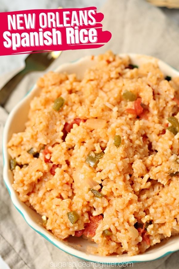 A super simple recipe for homemade Spanish Rice, the perfect easy side dish recipe - or add some shrimp, chicken or beef for a filling meal! This version is based on the New Orleans method of making Spanish Rice using cajun seasoning and the holy trinity of Cajun cooking.
