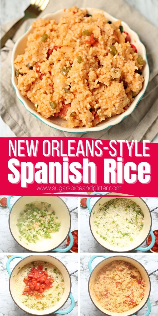How to make New Orleans-style Spanish Rice, a flavor-packed side dish recipe the whole family will love. Use to make burrito bowls, enchiladas, or serve as a side with just about anything.