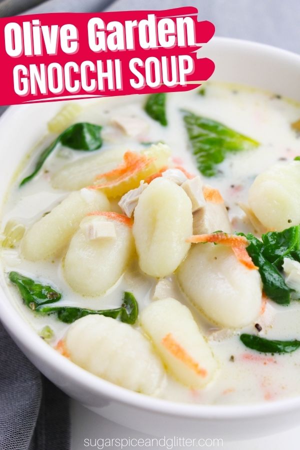 A hearty, creamy and delicious chicken and gnocchi soup inspired by Olive Garden. This one-pot soup recipe comes together in less than 30 minutes and is comfort in a bowl.