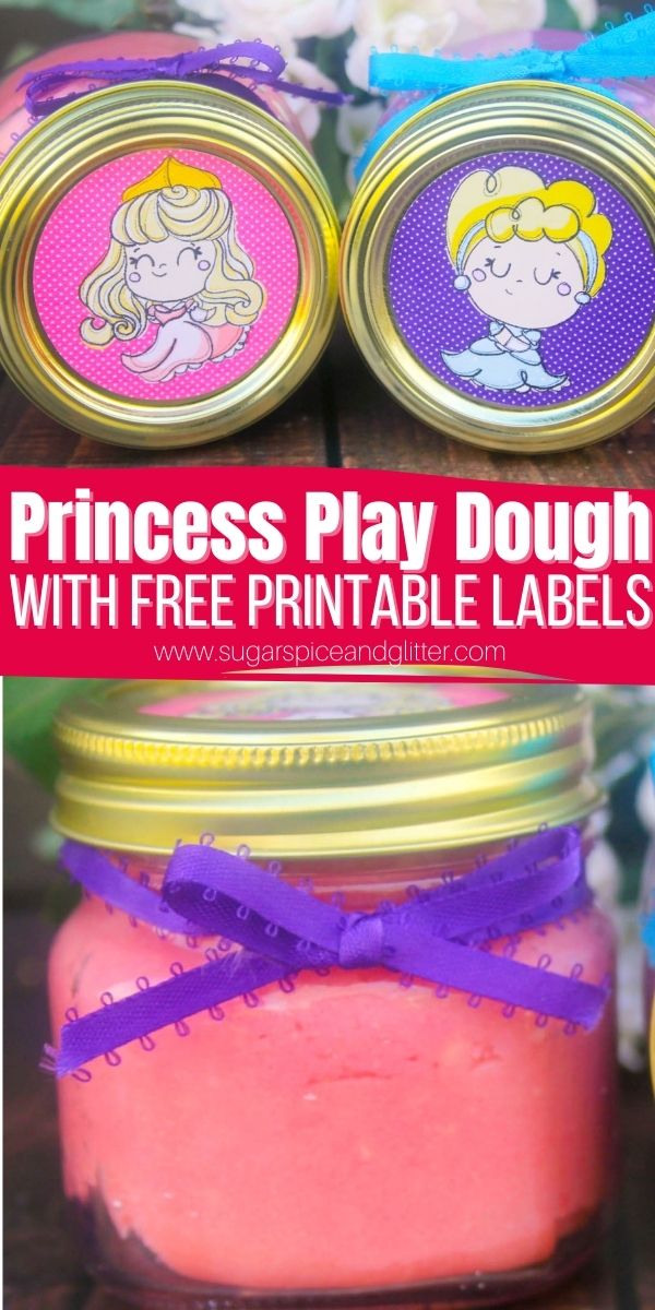 How to make princess play dough - the perfect homemade gift if packaged in mason jars using our free printable princess labels. A thoughtful homemade gift that will encourage hours of creative sensory play