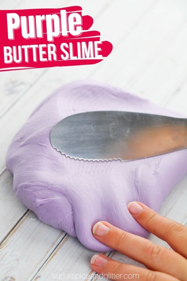 A super fluffy, squishy and silky slime recipe with just 4 ingredients. This butter slime has an amazing butter-like texture and a vibrant purple color without food coloring - plus it's a non-messy slime with no drips and doesn't stick to surfaces