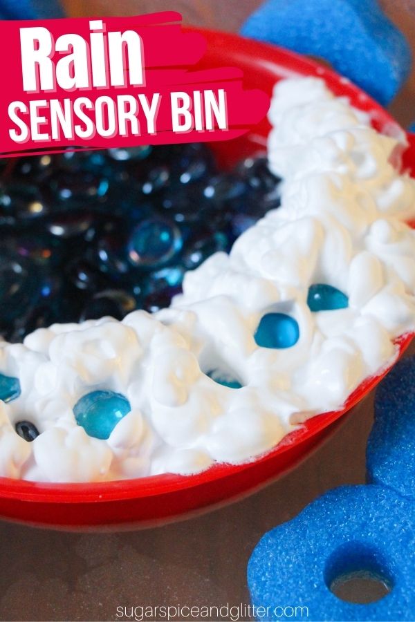 A super simple rain-themed sensory bin for kids, perfect for water play inside or outside. Kids can explore mathematical and scientific concepts while building their fine motor skills and having fun!