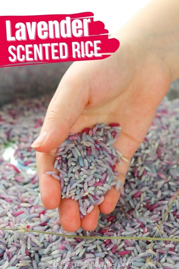 A calming sensory bin or Montessori writing tray, this Lavender scented rice bin is super simple to make and relaxing for kids to play with or write letters in - perfect for winding down before nap time or bed time.