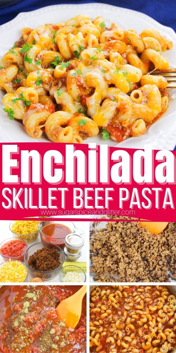 An easy, cheesy take on a family favorite, this Beef Enchilada Pasta is a flavorful (but not spicy) pasta that skips boring old tomato sauce and is best enjoyed loaded with your favorite enchilada toppings!
