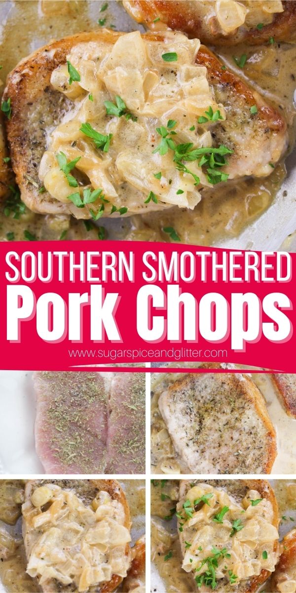 Southern Smothered Pork Chops is classic Southern comfort food at it's finest. Crispy, succulent pan-seared pork chops are smothered in a creamy onion gravy for a decadent dinner recipe that tastes absolutely restaurant-worthy.