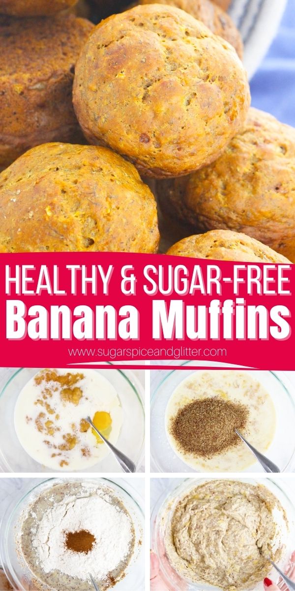 A delicious and healthy muffin recipe the kids will love, these Sugar-free Banana Muffins taste like fresh baked banana bread and are naturally sweetened with honey and cinnamon and have a soft, fluffy texture.