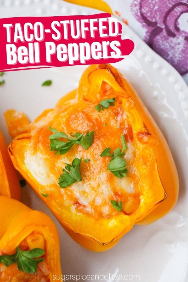 How to make taco-stuffed bell peppers, a delicious vegetarian addition to your next taco Tuesday. These crunchy and tender bell peppers are filled with a flavorful taco rice mixture, topped with cheese and baked until perfection