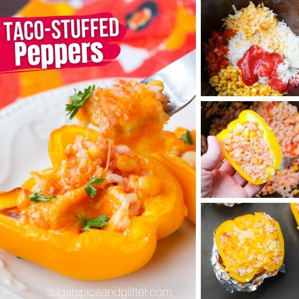 composite image of a taco-stuffed bell pepper with a fork pulling a cheesy bite-sized portion, along with three in-process images of how to make the stuffed peppers