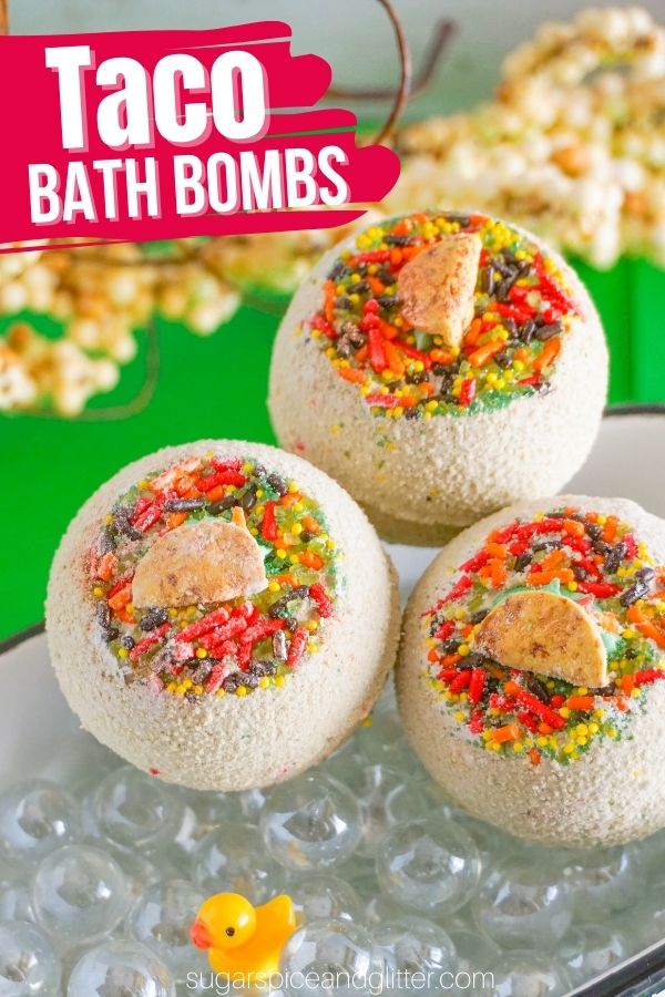 A fun and unique bath bomb recipe for taco lovers - these Taco Bath Bombs are super fizzy and smell amazing, with cute little mini taco decorations on top. Perfect for a girls' night craft or thoughtful homemade gift.