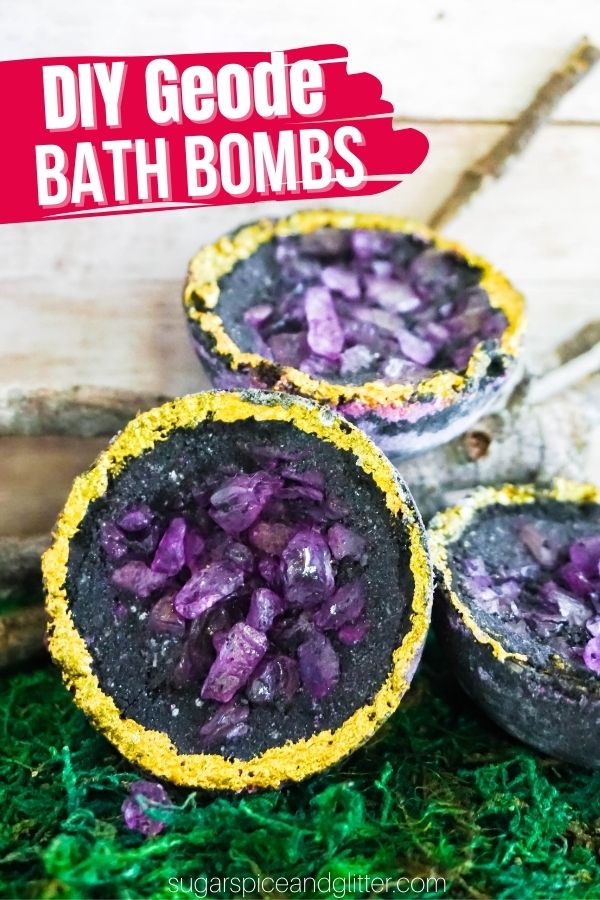 A super simple step-by-step tutorial for homemade geode bath bombs, a fun way to incorporate the geode trend into your bathroom decor - and get the benefits of activated charcoal and epsom salts in a relaxing bath.