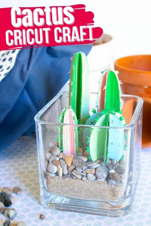 A fun addition to your office or centerpiece for a Western-themed party, this DIY Cactus Terrarium uses a Cricut Cactus template to make a cute plant decor piece that even the worst gardeners can't kill!