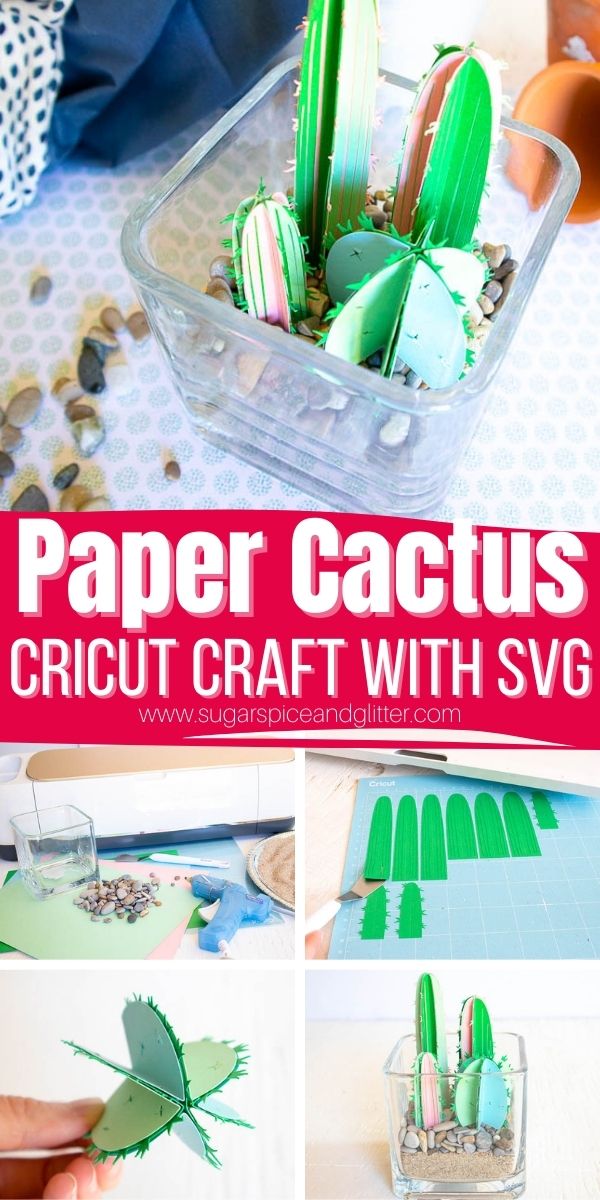 How to make a DIY Paper Cactus Terrarium using a free Cricut Cactus SVG and some basic crafting supplies. This fun cactus craft makes a Western Party decor piece or a cute gift for a friend, no watering required
