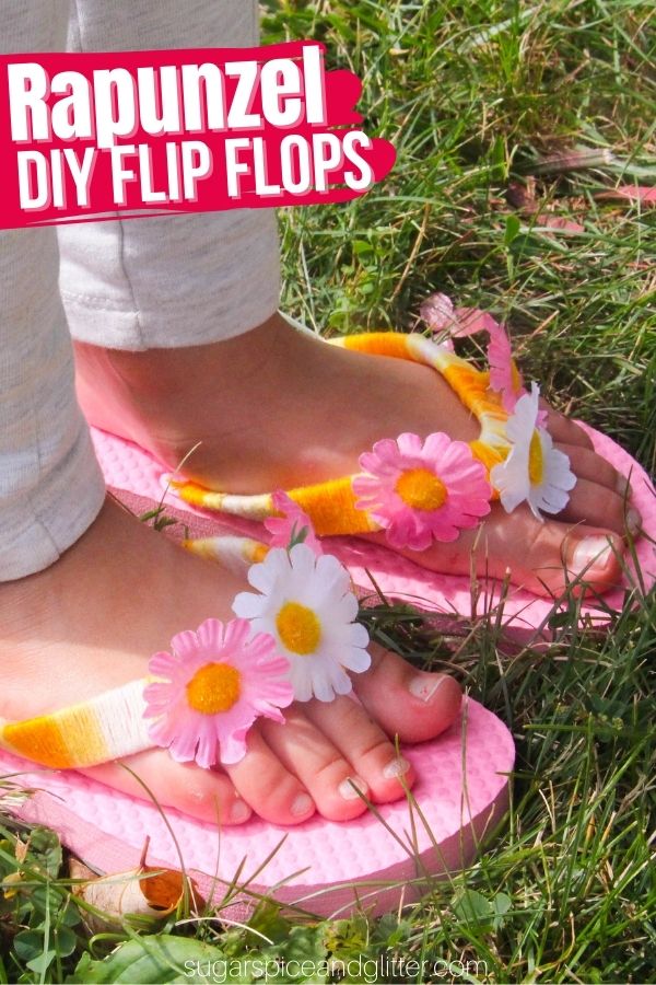 A fun summer craft for kids, these Rapunzel Flip Flops are a great way for kids to add some princess flair to plain dollar store sandals. This easy Disney craft would also be great for a party or family movie night