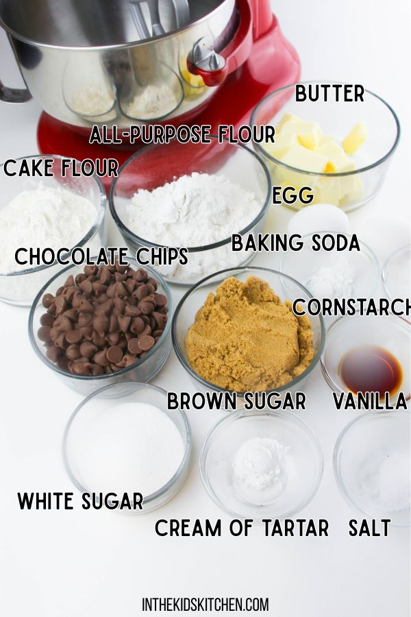 ingredients needed to make giant soft and chewy chocolate chip cookies