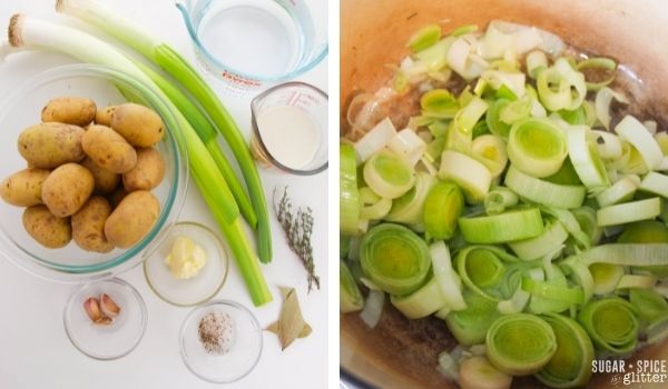 in-process images of how to make potato leek soup
