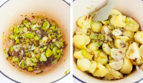 in-process images of how to make potato leek soup