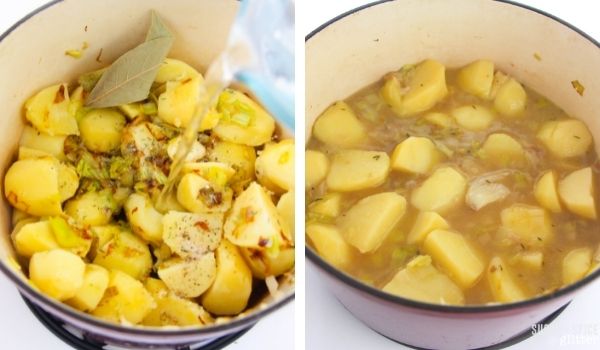 in-process images of how to make potato leek soup