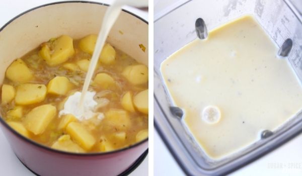 in-process images of how to make potato leek soup