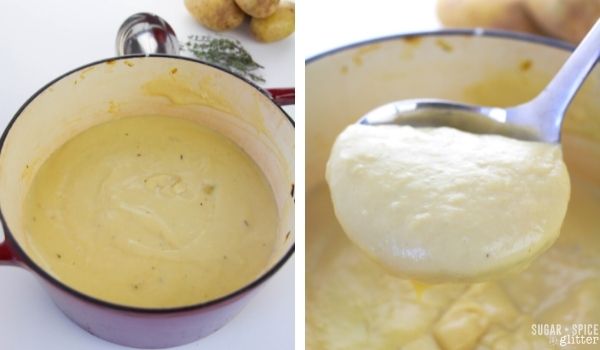 in-process images of how to make potato leek soup